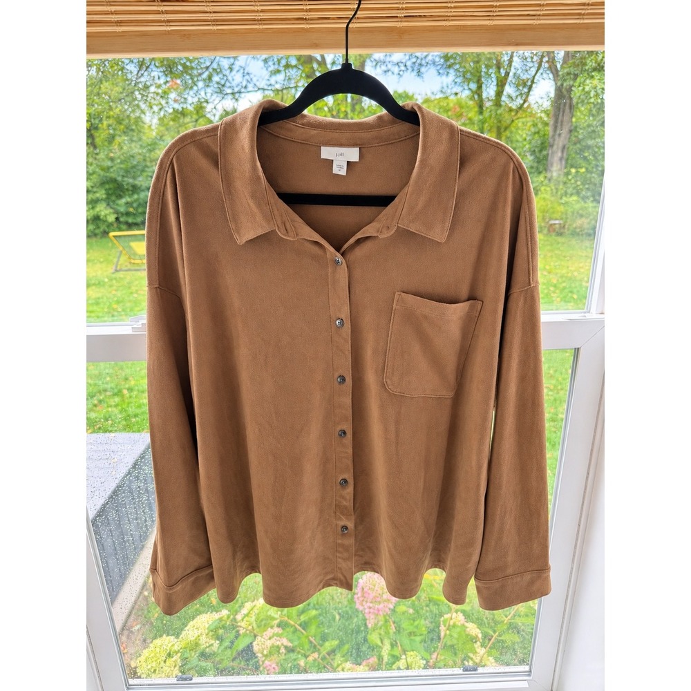 J. Jill Faux Suede Button Down Shirt Women 2X Camel Brown Long Sleeve Pocket